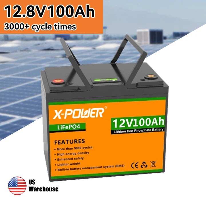 US Stock 12.8V 100Ah LiFePO4 Lightweight Lithium Ion Battery Pack 100A BMS 1280Wh Capacity 5-Year Lifespan for RV/Trolling