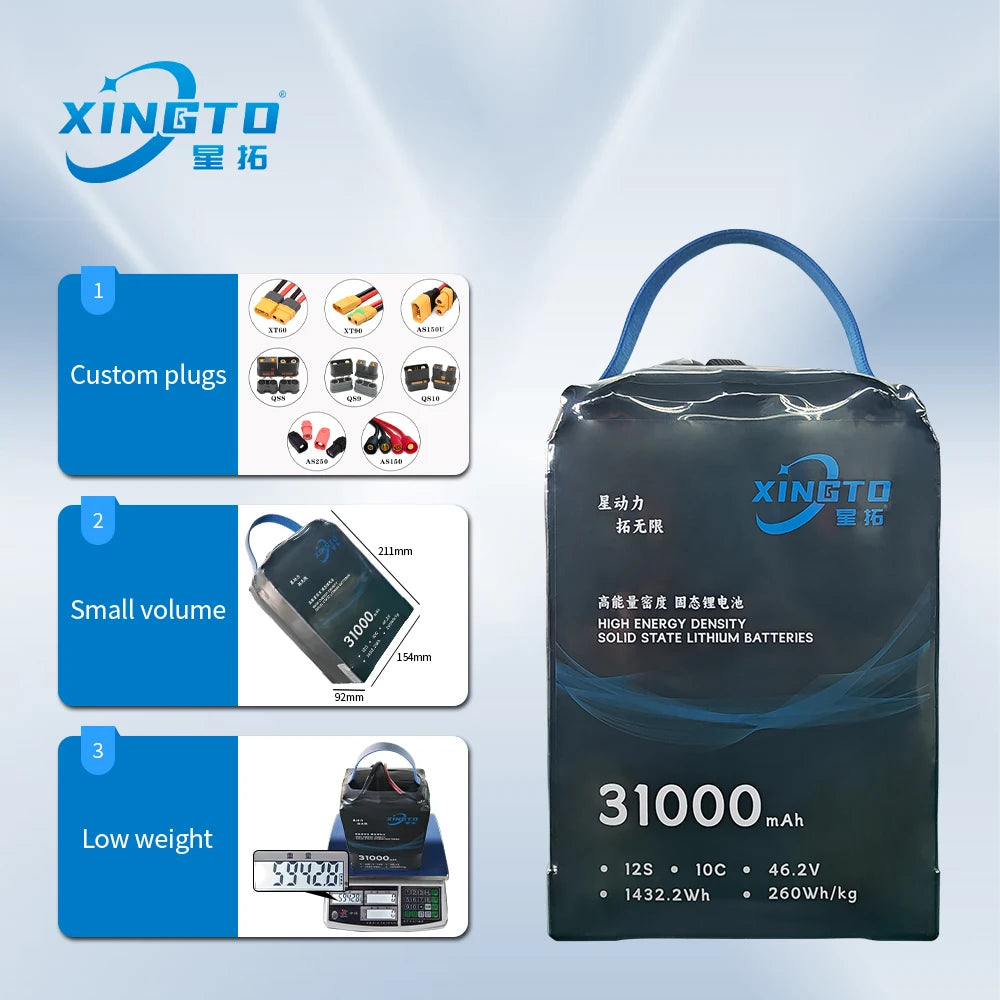 Best Selling XINGTO 12S 31Ah 46.2V 260Wh/kg 10C High Voltage Solid Sate Lithium Ion Battery for Drone/UAV/Aircraft/Flight PRIME RJ SOLAR PH