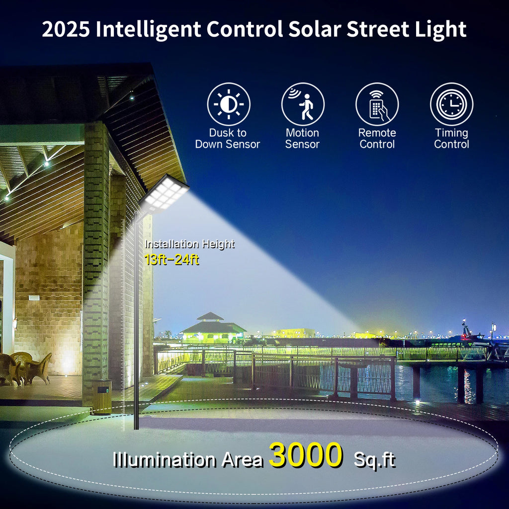 HYKENTE BM024C Solar Street Light High Output LED 20000mAh Large Battery Parking Areas Public Private Use RoHS CE 3-Year Warranty US Inventory