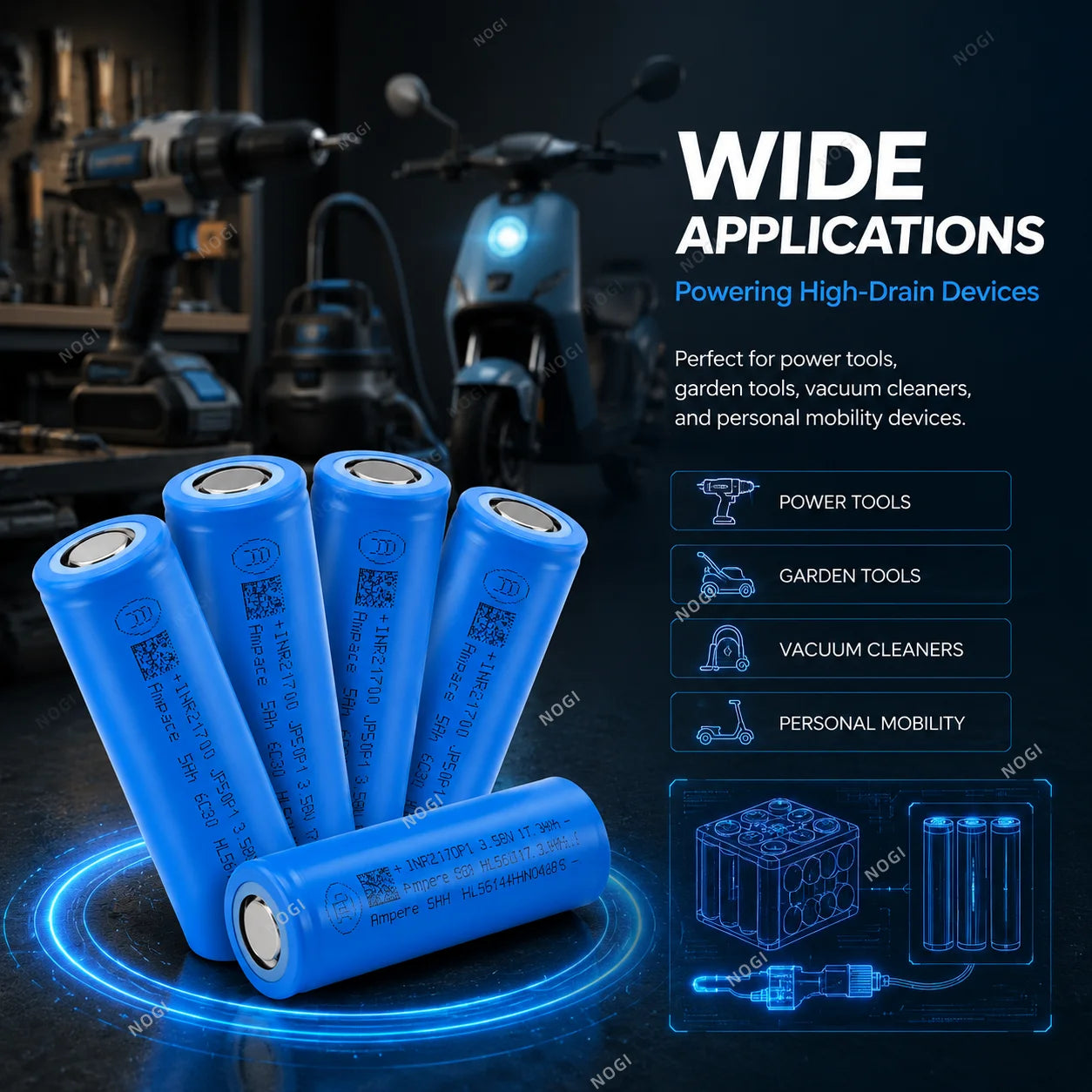 Ampace 21700 Cylindrical NMC Battery 3.7V 5000mAh Lightweight High Energy Density Cell Extends Device Running Time