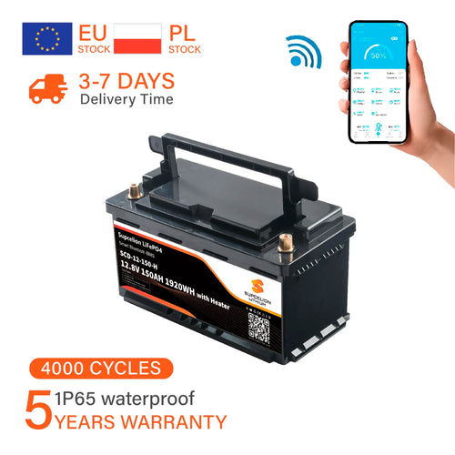 12V 150Ah Lithium Battery with Bluetooth & Smart BMS, Heated LiFePO4 Battery for Camper Van, Solar Storage France & Poland Stock PRIME RJ SOLAR PH