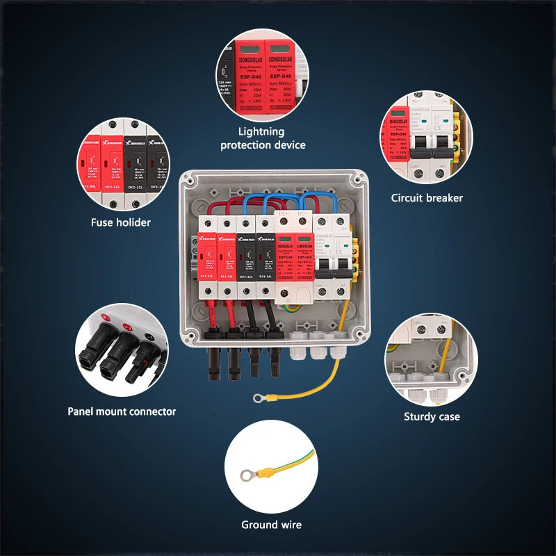 XIONGISOLAR Outdoor Waterproof IP65 DC Combiner Box for Solar Panel 2 Strings 2 1 600V 63A Circuit Breaker Surge Lightning