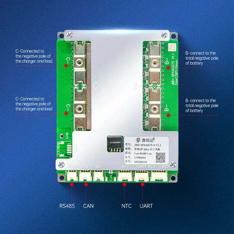 JBD BMS 3S 4S Lifepo4 Li-ion 12V 100A 150A 200A Smart BMS With Balance NTC BT UART Jiabaida BMS for Battery Pack