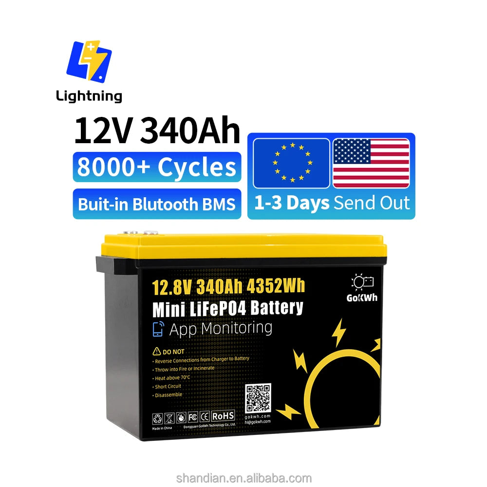 LIGHTNING 12V 24V 100Ah 200Ah 280Ah 300Ah 320Ah 340Ah 460Ah LiFePO4 Battery RV Boat Home Solar Energy Storage MSDS UN38.3 CE 5-Year Warranty