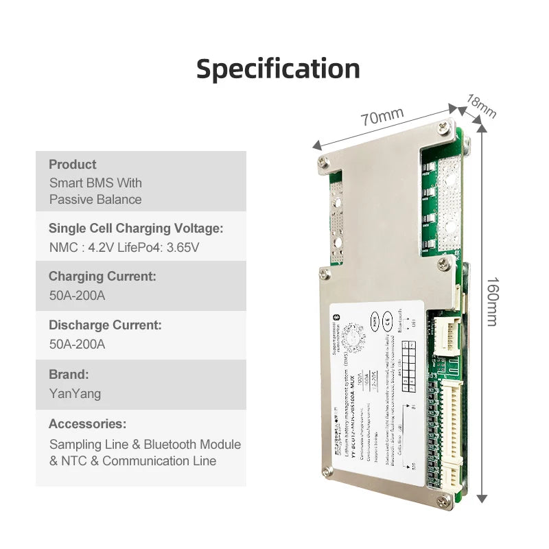 Customized Protocol 20S 100A Smart BMS Battery Management System for Motorcycle Lifepo4 Ternary Li-ion Battery Pack Yanyang