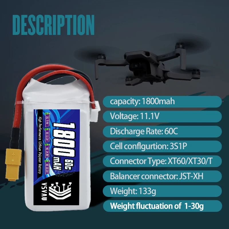 VSVAW 11.1V 1800mah 3S Drone Lipo Battery XT60 T Deans XT30 JST RC Parts 60C for FT012 Racing Boat Car Airplane Copter FPV Drone PRIME RJ SOLAR PH