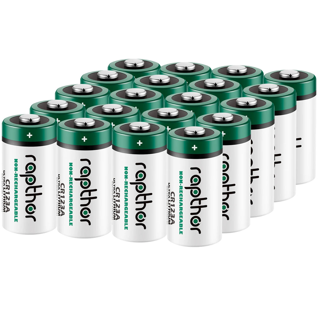Rapthor 1650mAh CR123A 3V Lithium Batteries 20 Pack CR123 CR17345 Photo Battery for Flashlights Smoke Detector Alarm System Etc PRIME RJ SOLAR PH