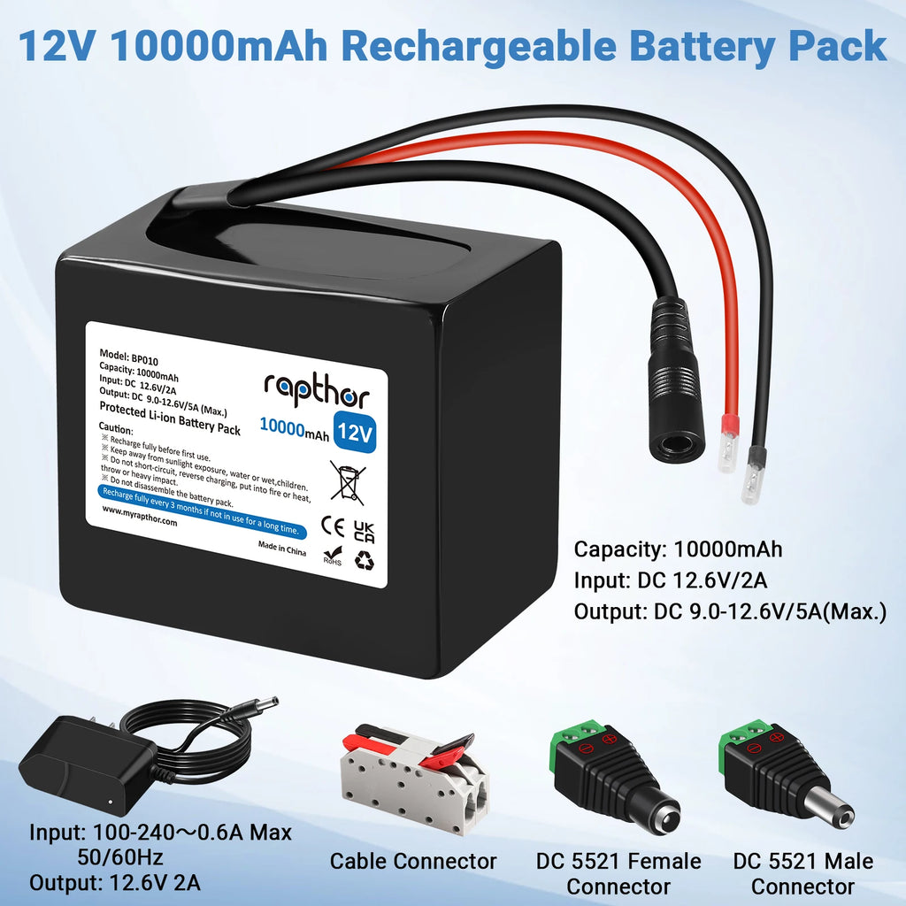 Rapthor Rechargeable 12V 10000mAh Lithium Ion Battery Pack with Charger for 12V Devices with DC5521 Port, DIY Project  Etc