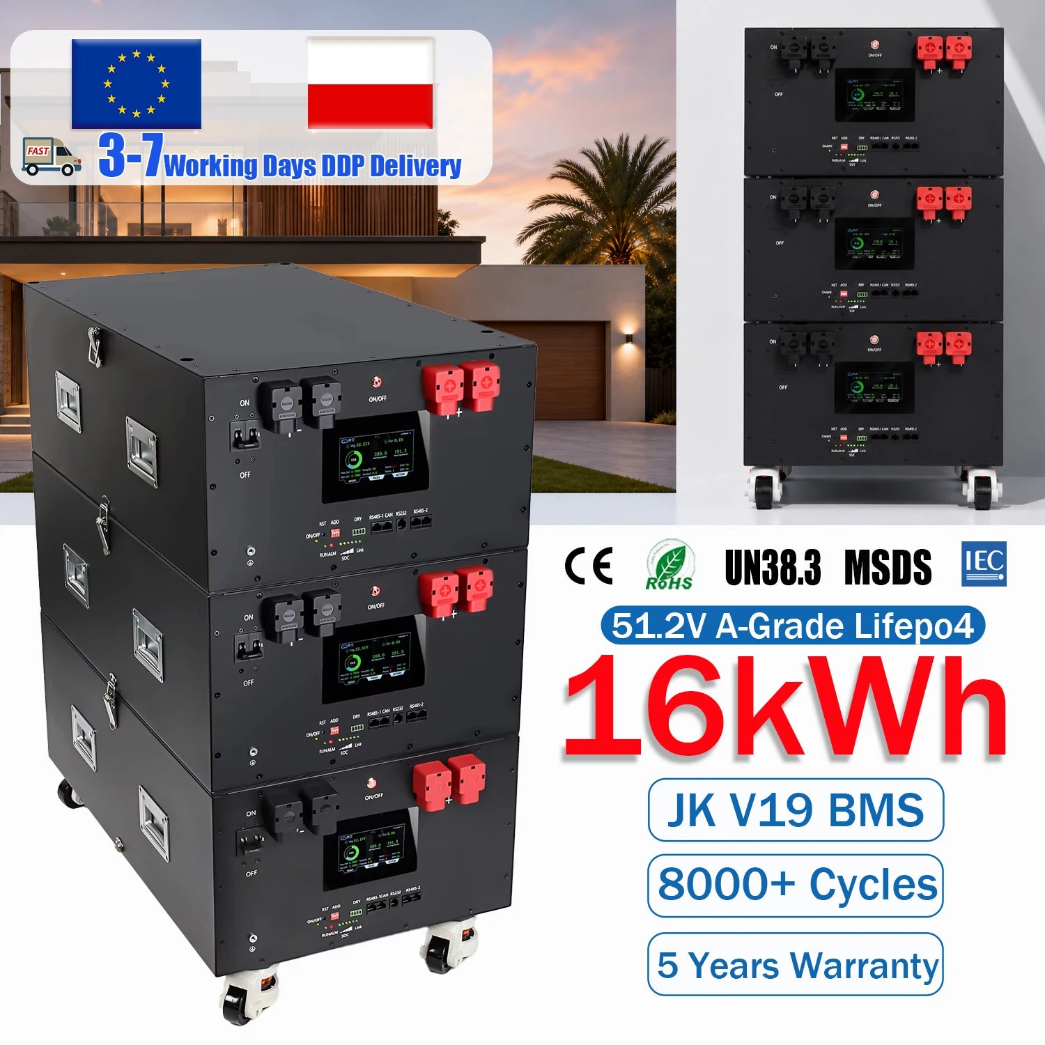 PL Stock 16kWh Solar Battery Pack 48V 51.2V Lithium Ion JK V19 BMS Solar Power Battery Pack for Home Energy Storage