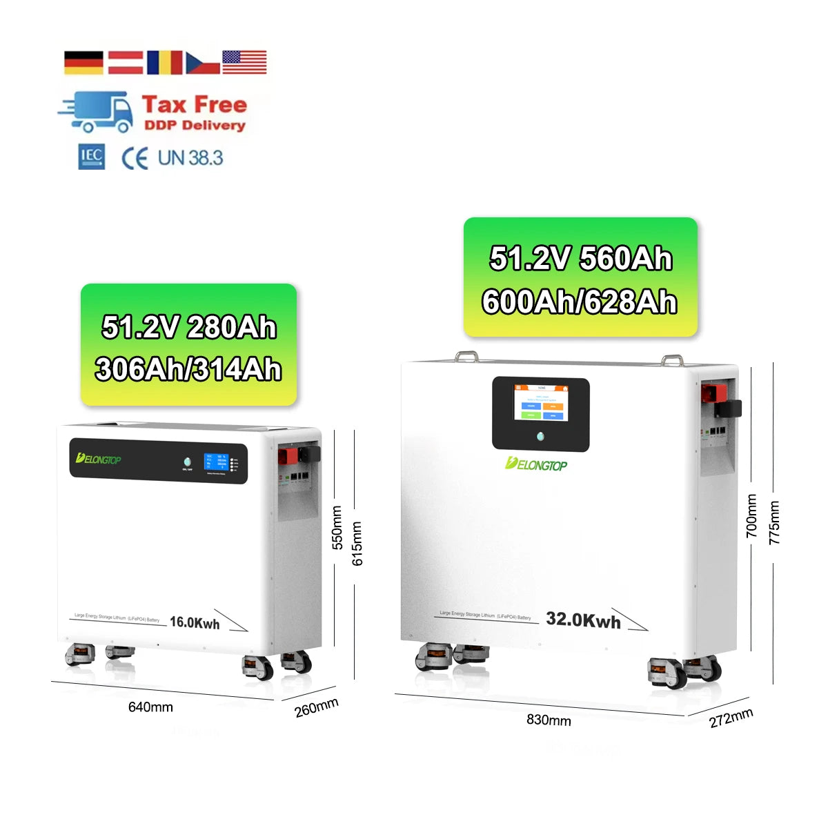 Delong Factory 30KWh 6000 Cycles 600AH Vertical Moveable LiFePO4 51.2V 16S Bolted Battery Pack Home Energy Storage MPPT 10 Year PRIME RJ SOLAR PH