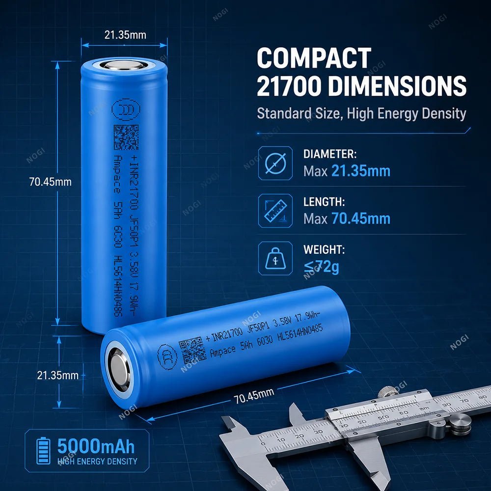 Ampace 21700 Cylindrical NMC Battery 3.7V 5000mAh Lightweight High Energy Density Cell Extends Device Running Time
