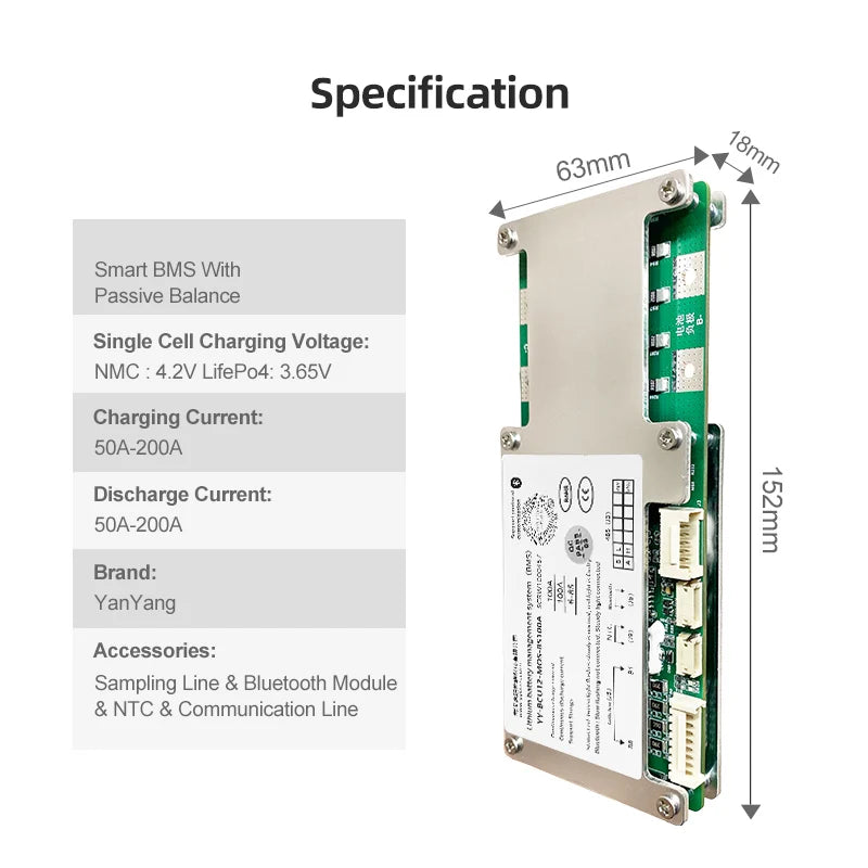 Yanyang 24V 8S 100A Smart BMS APP Support NMC/LFP/LTO Batteries 120mA Passive Balance Circuit Protection Temperature Control for