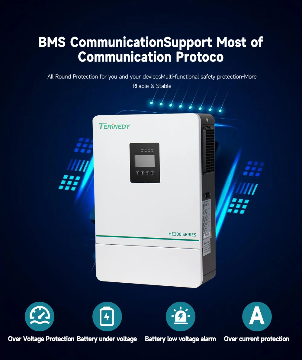 Terinedy HE200-4200 3.6KW/5.5KW Single Phase Hybrid Solar Inverter LCD Display MPPT Charge Controller 99.5% Efficiency Lead PRIME RJ SOLAR PH