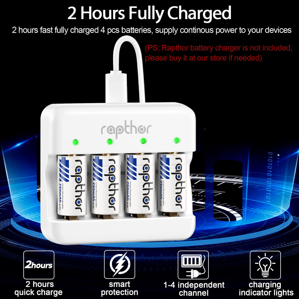 Rapthor Rechargeable 3.7V CR123A Lithium Batteries 750mAh Compatible with Arlo Cameras Flashlights Smart Sensors (8 Pack)