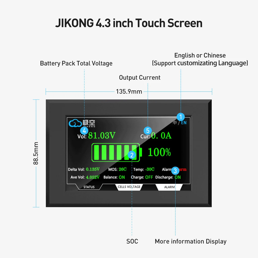 JIKONG Jk BMS Accessories 3.2 Inch  4.3 Inch Touch Screen Bms Adapter RS485 BT Cable  Metal Core PCB Jk Bms Lcd Display