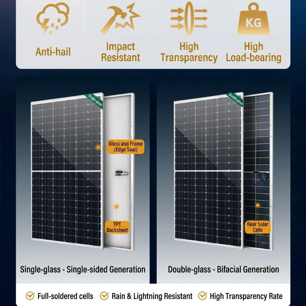 In-stock High-Power N-Type Bifacial Double-Glass Solar Photovoltaic Panels 350W 400W 450W 500W Roof Off-Grid Power Generation