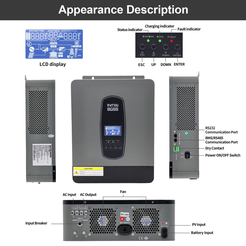 DATOUBOSS Hybrid System Solar WiFi 5Kw 10Kw 12Kw 11Kw DC24V 48V AC220V Off Grid Solar Power Energy System Storage Home Commercial