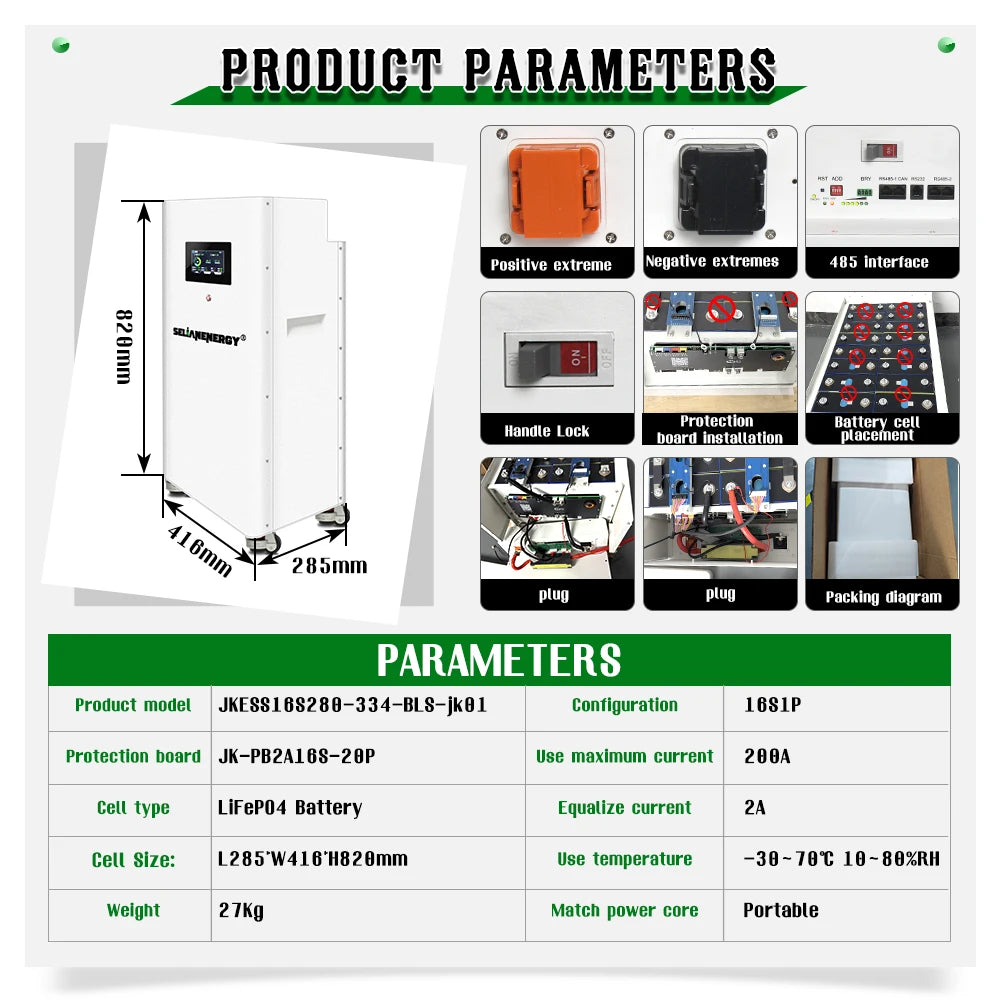 JKESS 48V 280ah~320ah Lifepo4 15kwh DIY Kits Vertical 16S 51.2V Battery Box with JK-PB2A16S20P BMS + 4.3 inch LCD Tax Free