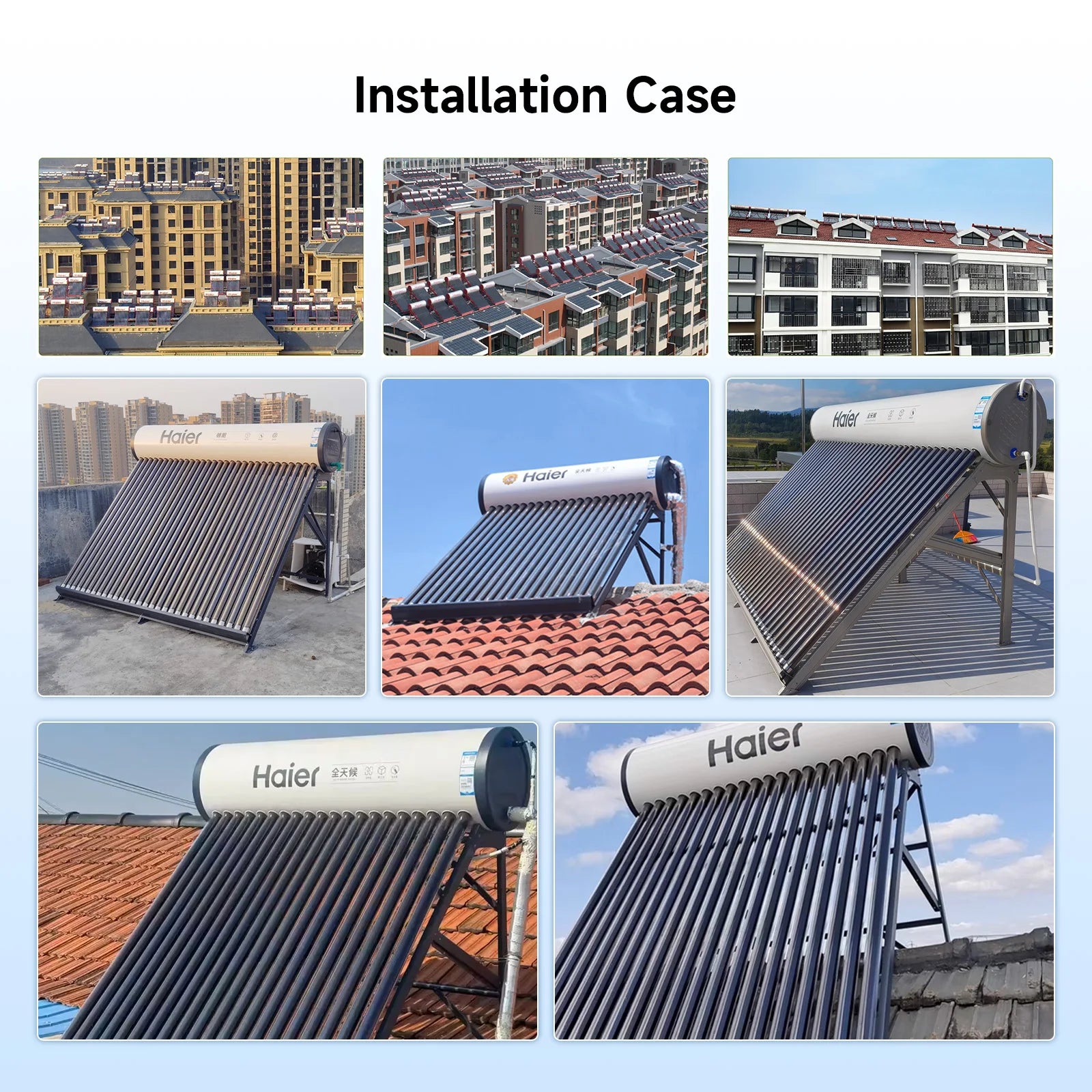 Haier High Efficient Electric & Solar Heat Pipe Evacuated Tube Collector Outdoor Hot Water Heater for Hotel & Household Use