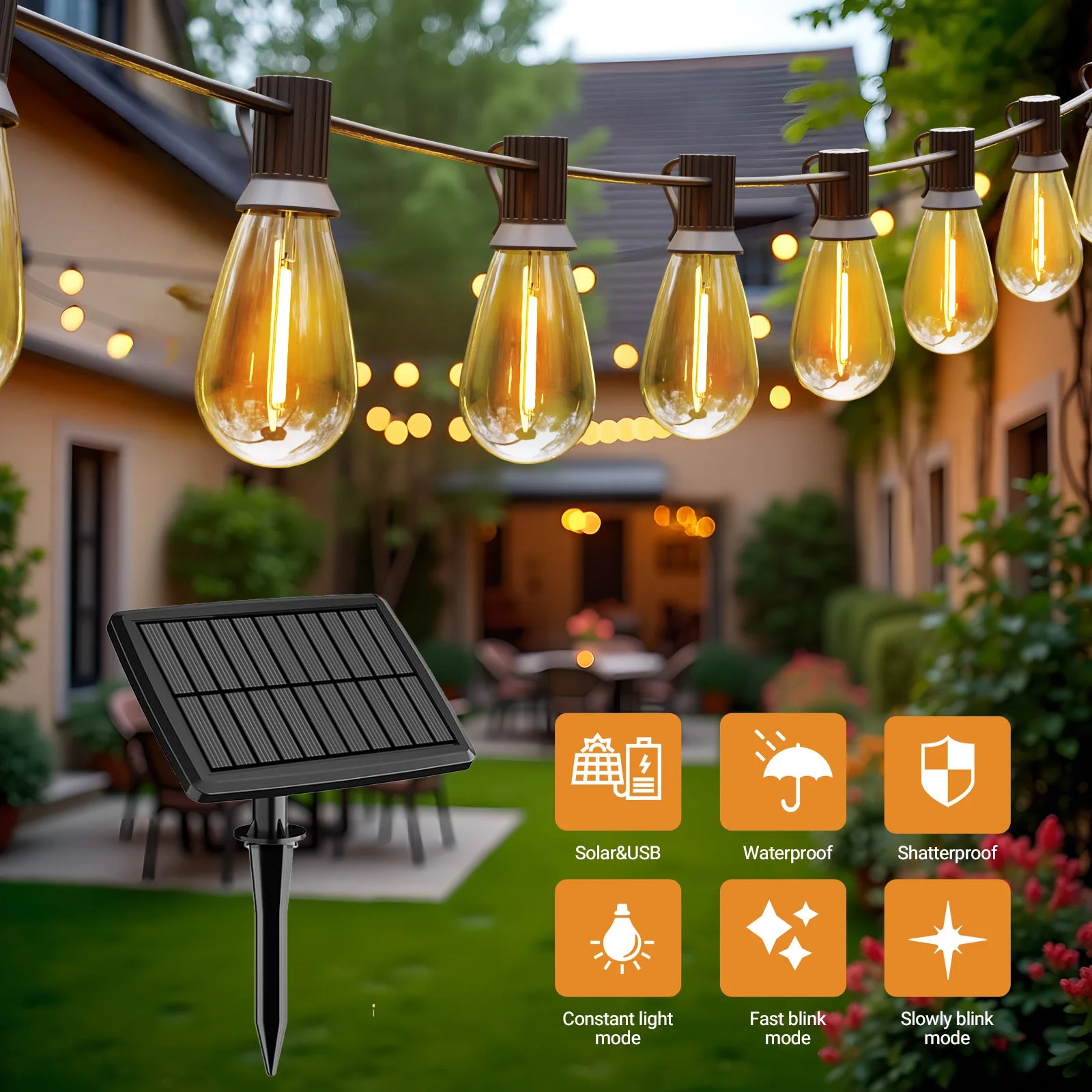 S14 100ft Solar String Lights Waterproof Outdoor Garden Patio Backyard 50 Bulbs 2700K Warm White Energy-Saving PRIME RJ SOLAR PH