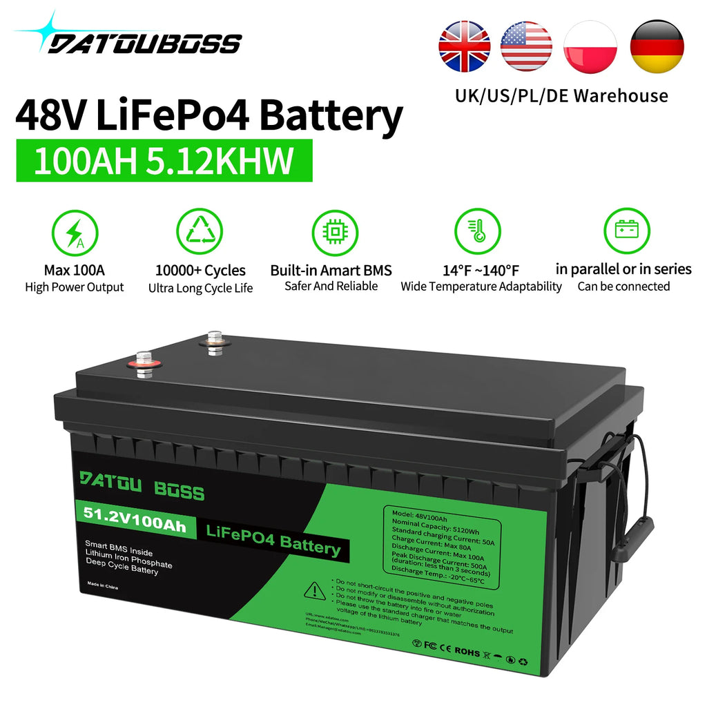 US STOCK 48V 100Ah LiFePO4 Battery, Support Series/Parallel Connection, 5120Wh Deep Cycle Lithium Battery for Solar Projects