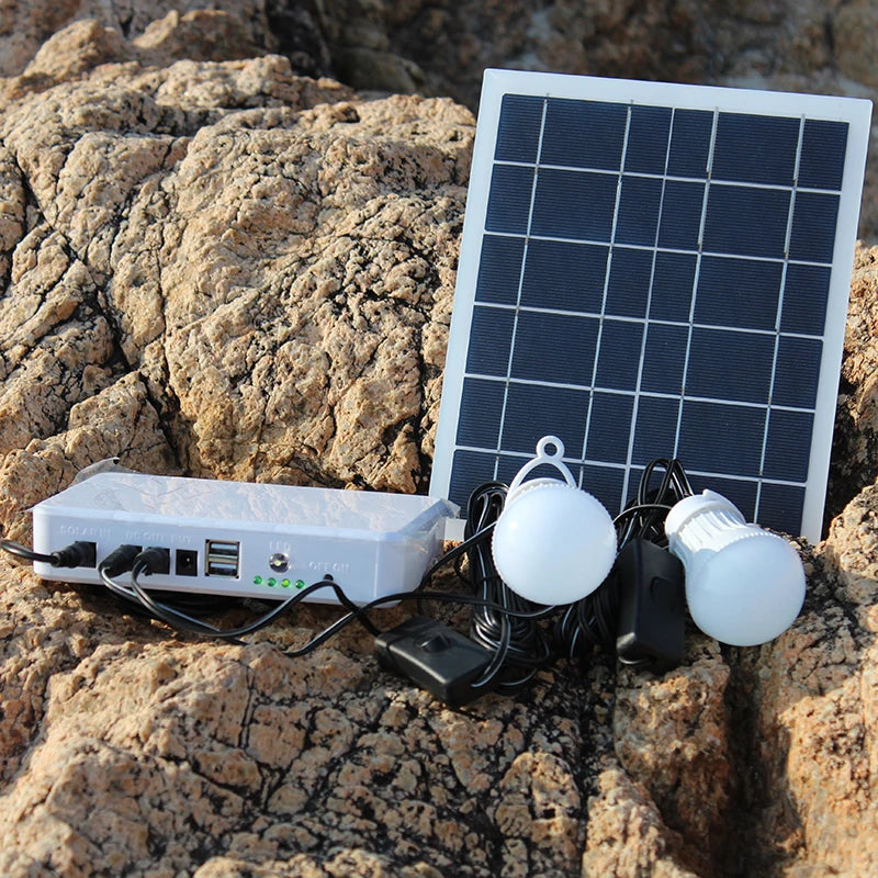 High Quality 5V/12v 15w Rechargeable Lithium Battery Led Solar Energy Kit With USB Port  2 Pcs 2W LED Bulbs