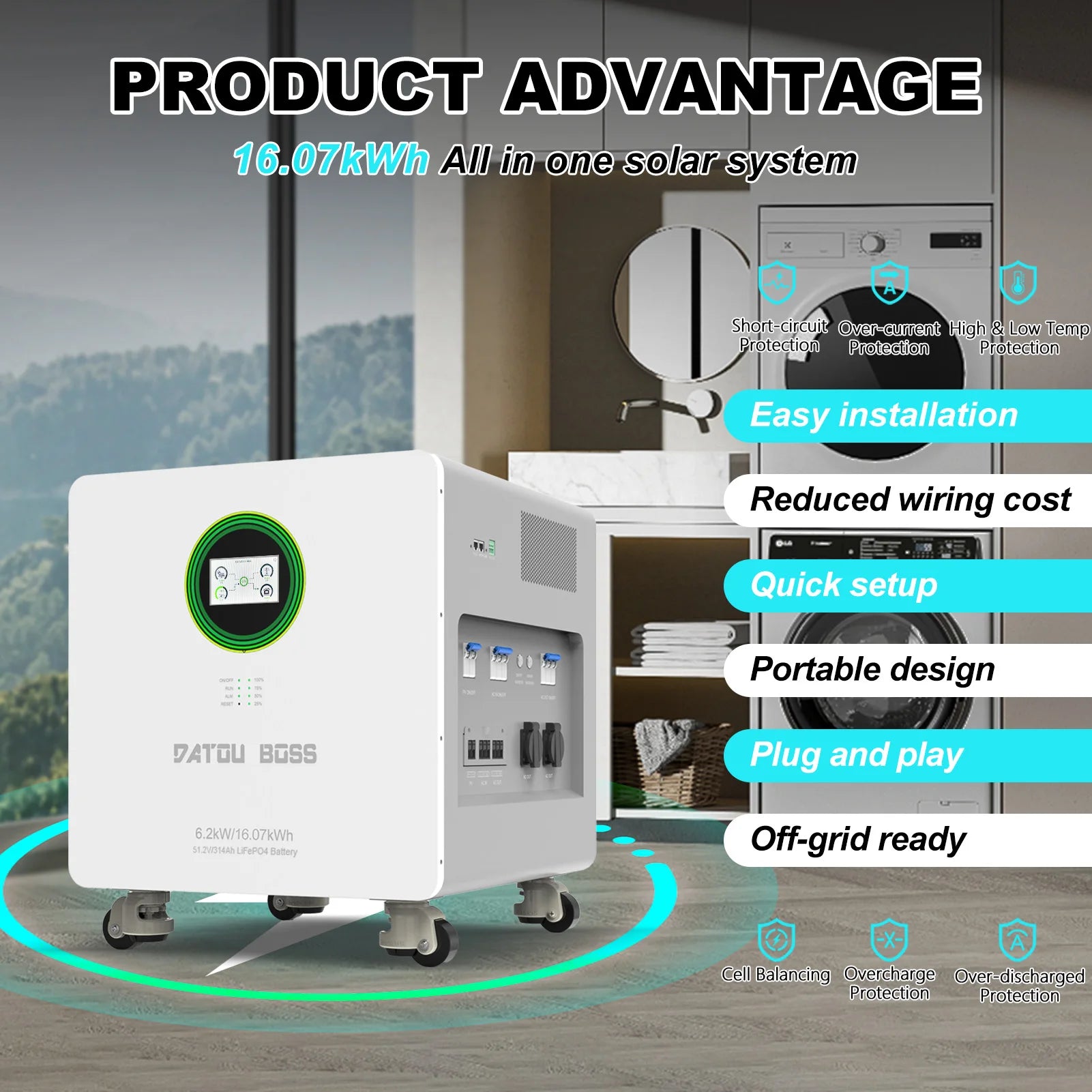 DATOU BOSS All in One Home Energy Storage System 6.2kW/16.07kWh 51.2V/314Ah LiFePO4 Battery Build in 48V 6200W Hybrid Inverter PRIME RJ SOLAR PH