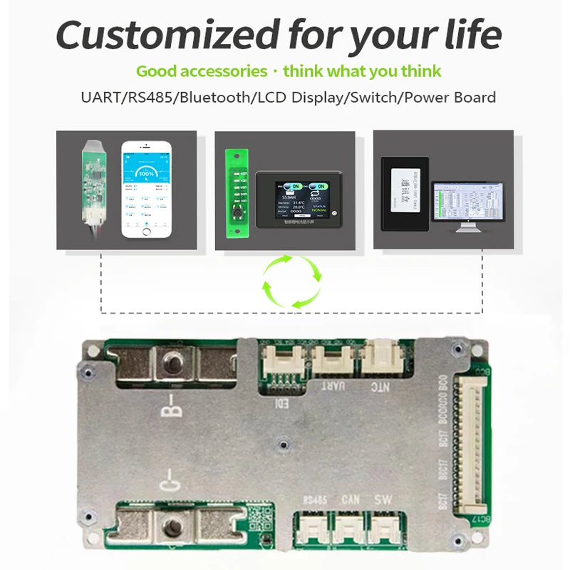 JBD Smart BMS 7s Li-ion 8s 17s 16s 13s LiFePO4 100A 60v 48v 36v 24v BMS for Lithium ion Battery Pack