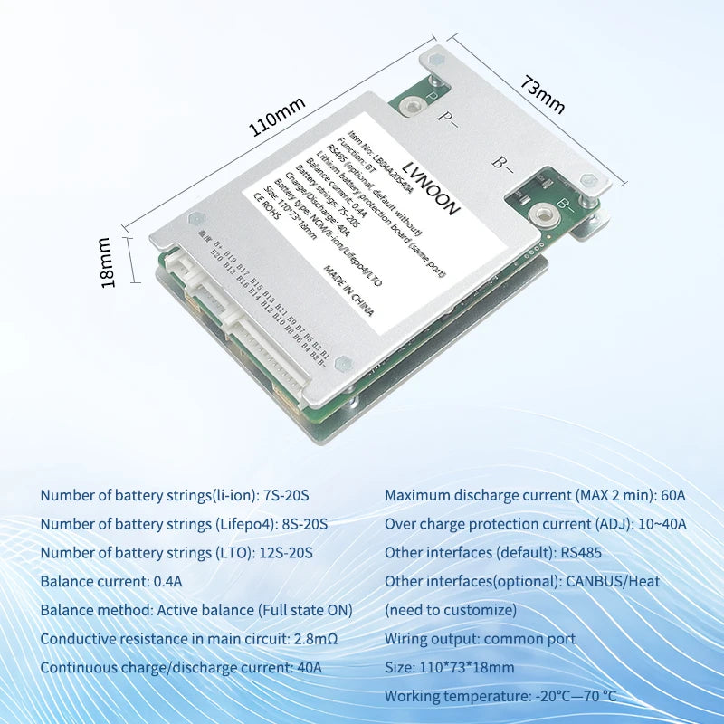 US Stock LVNOON 04A Series Smart Active Balance Bms LB04A20S40A for  LifePO4 Lto Battery 8S-20S 40A 60V with App Control