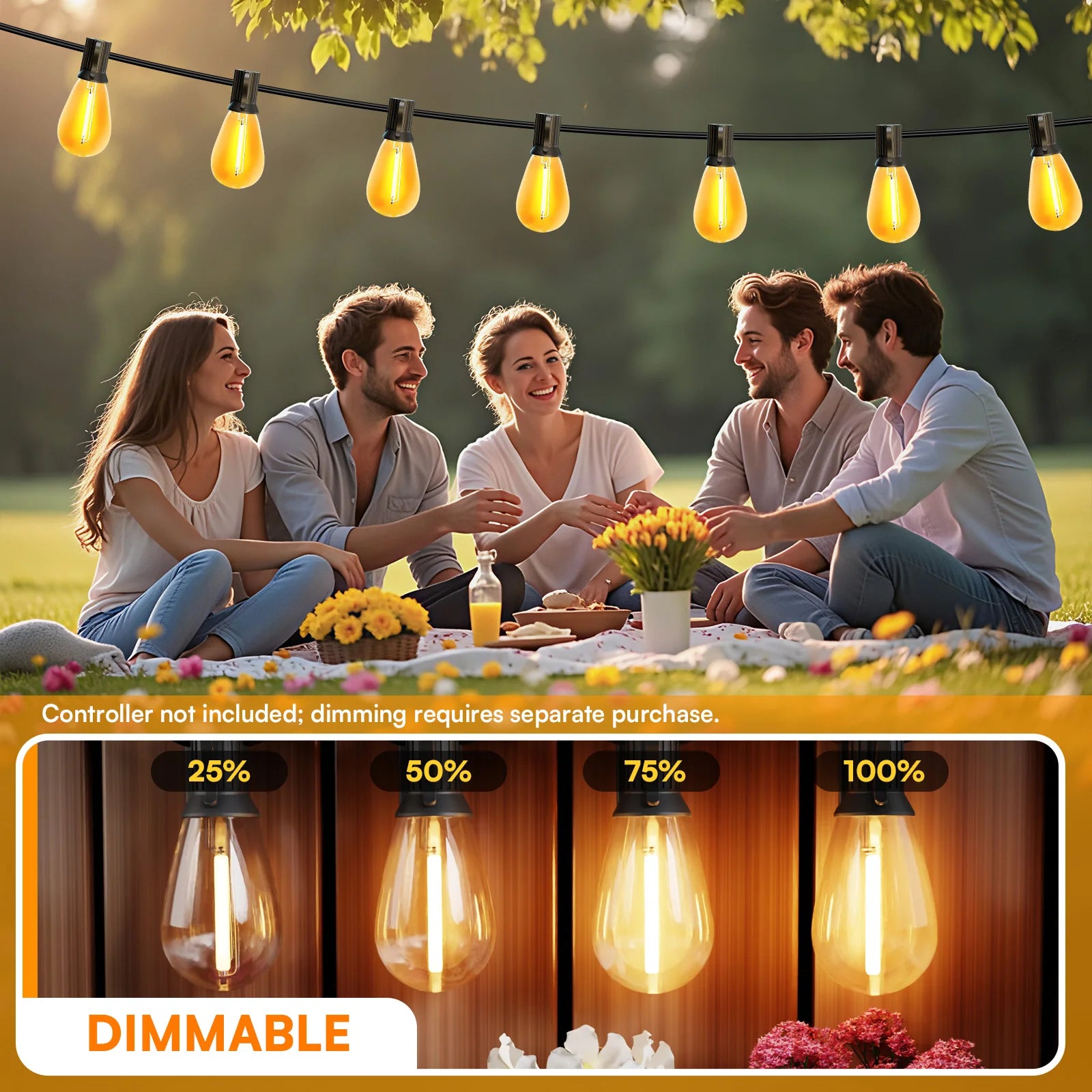 S14 100ft Solar String Lights Waterproof Outdoor Garden Patio Backyard 50 Bulbs 2700K Warm White Energy-Saving