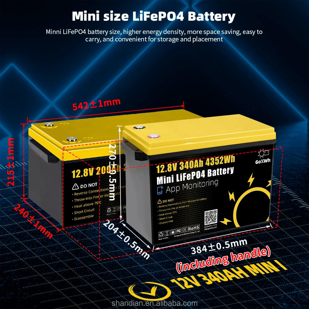 GoKWh LiFePo4 Battery 12V 340Ah 320Ah 24V 36V 48V 100Ah 300Ah 200Ah 400Ah 600Ah Blue tooth IP65 Waterproof Solar Lithium Battery