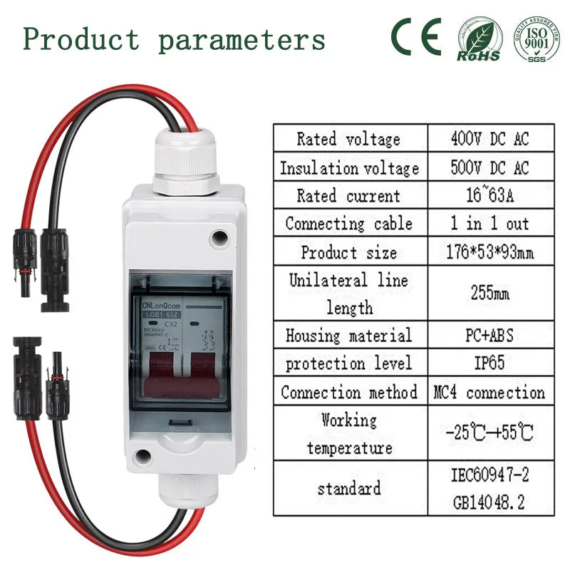 DC500V Photovoltaic DC Circuit Breaker Switch Outdoor Waterproof IP65 1 in 1 Out Solar Bus Photovoltaic DC Circuit Breaker