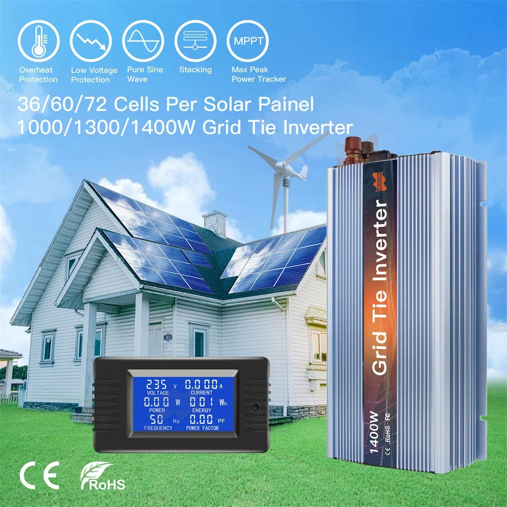 1400W On Grid Tie Inverter MPPT Solar Inverter 18V 36V DC Pure Sine Wave Converter AC 110V 220V  For 36 60 72 Cells PV PRIME RJ SOLAR PH