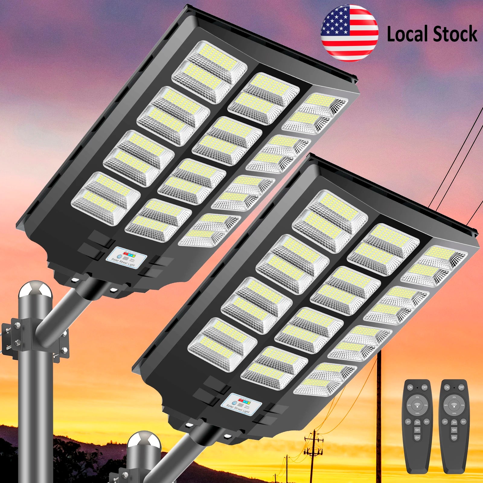 HYKENTE BM024C Solar Street Light High Output LED 20000mAh Large Battery Parking Areas Public Private Use RoHS CE 3-Year Warranty US Inventory