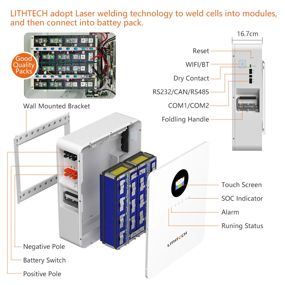 LITHTECH - New in Stock Power Storage Wall 48v 100ah 200ah 400ah Lithium Ion Lifepo4 5kwh 10kw 20kwh Solar Energy Storage Battery