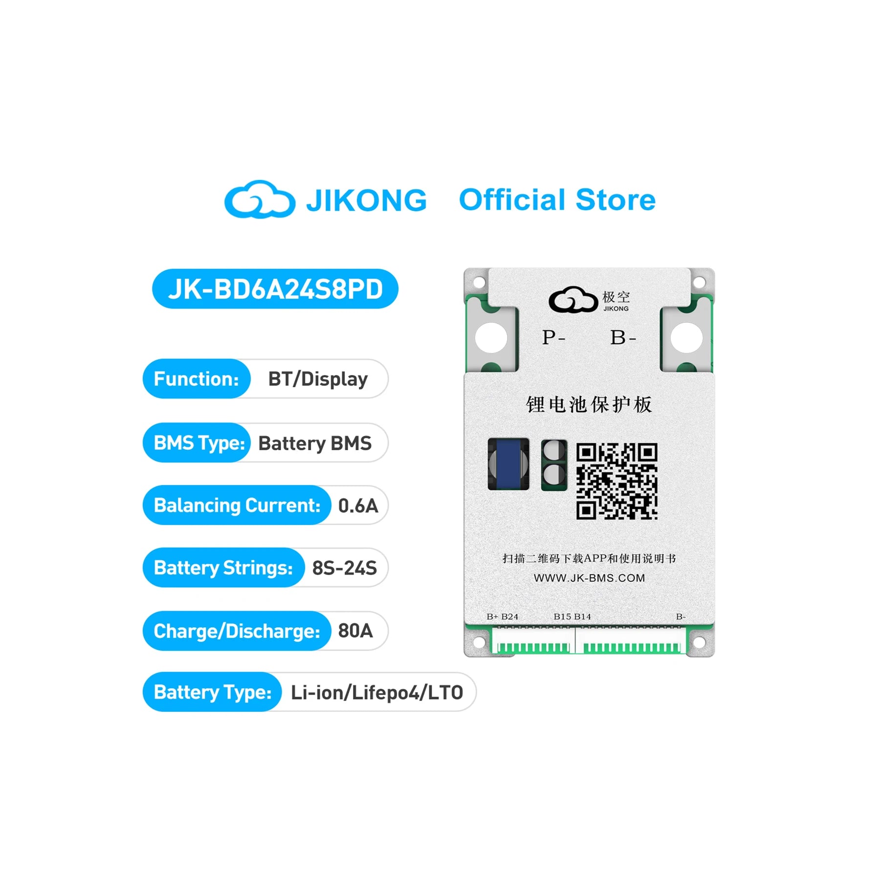 JKBMS JK-BD6A24S8PD 8S-24S 80A JIKONG Active Balance BMS for Lifepo4 Battery JK Semi Bms Li-ion Battery Accessories