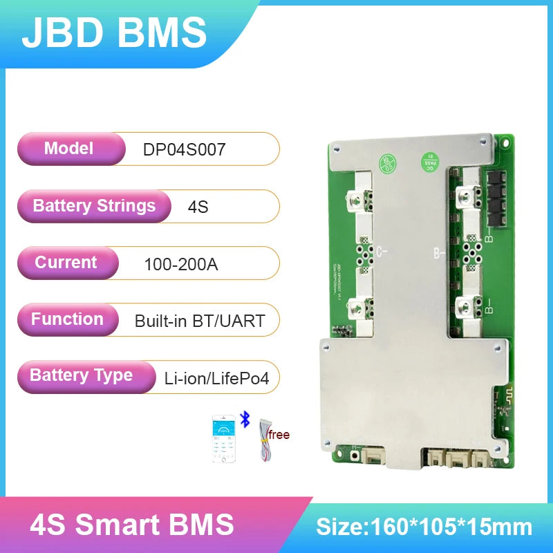 JBD Car Starting Smart Battery BMS 3s 4s 12v 200ah 100a Lifepo4 BMS With BT