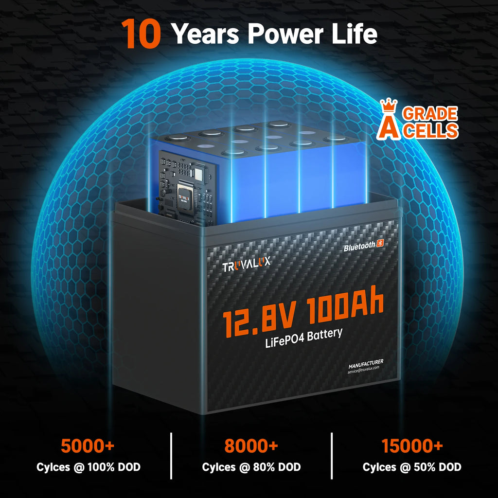TRUVALUX 12V 100Ah LiFePO4 Bluetooth Lithium Battery Group24 Size Smart 100A BMS 6000+cycles1.28kWh Deep Cycle Solar Storage RV