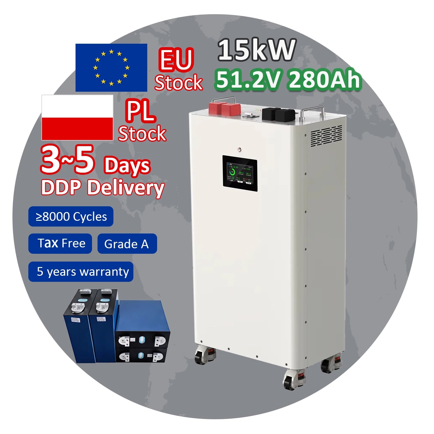 Poland Warehouse 51.2V 48V 16S Durable Metal Battery Box Energy System with JK V19 BMS Heating Pad 16KWh for Home Use