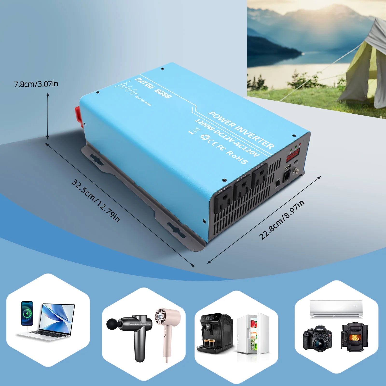 US WAREHOUSE  12v to 110v 220v 50hz 60hz 2.2KW Car Power Converter Pure Sine Wave Off Grid Inverter for  Solar Home RV Backup PRIME RJ SOLAR PH