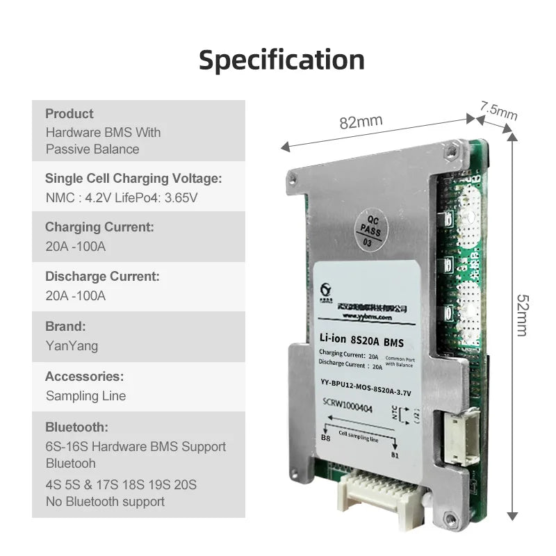 Yanyang Hardware BMS 8S 20A/40A/50A/60A/80A/100A Lifepo4 Lithium Battery EBike Electric Motorcycle FR-4 PCB with Passive Balance