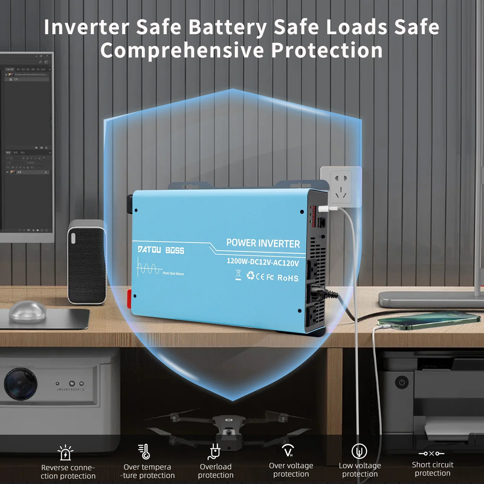 US WAREHOUSE  12v to 110v 220v 50hz 60hz 2.2KW Car Power Converter Pure Sine Wave Off Grid Inverter for  Solar Home RV Backup PRIME RJ SOLAR PH