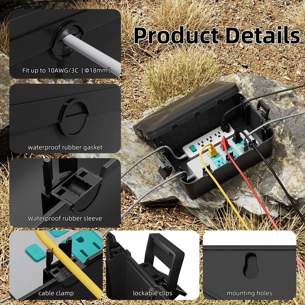 320x212x132mm Heavy Duty Plastic Power Box Waterproof Electrical Enclosure Black Cable Case for Extension Cord Outdoor Use PRIME RJ SOLAR PH