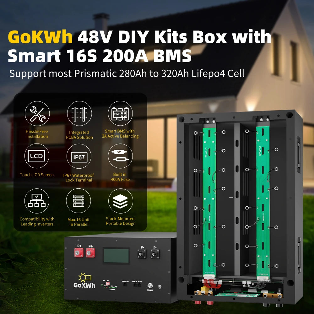 EU Stock 48V 340Ah 51.2V LiFePO4 Battery Case MB316 314Ah Box Kit 300A V19 BMS 33KWh LCD Display Metal Material Energy Storage