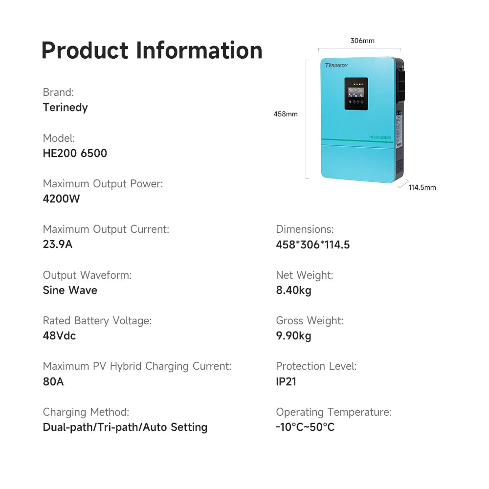 Terinedy HE200 High Frequency Hybrid Solar DC/AC Inverter 24V 220-240VAC 3.5-5.5KW Single Stage Best MPPT Single Phase 99.5%