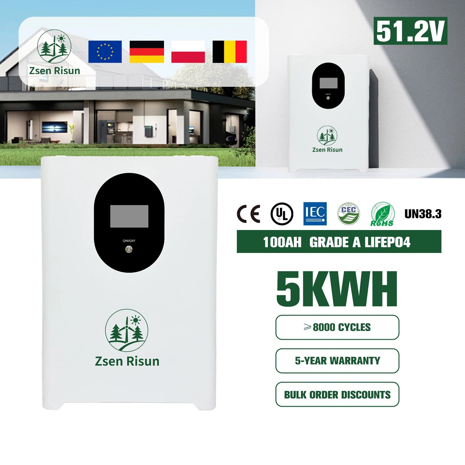 Zsen Risun 51.2V 5kWh 100Ah Home Storage Battery Grade a LiFePO4 8000 Cycles CE UL Lithium Battery Pack for Solar Energy ESS