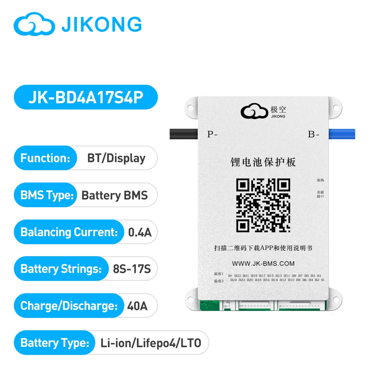 JIKONG JK-BD4A17S4P Active Balance 0.4A 40A BMS PCBA LI-ion Lithium Lifepo4 LTO 8s 17s 24v 48v for 40A Lithium Battery JKBMS