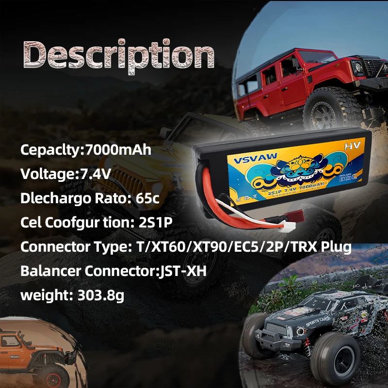 VSVAW 2S 7.4V Lipo Battery 7000mAh 65C Hardcase with T Plug for RC Car 1/10 Boats FPV Drones RC Models Parts-Premium Series