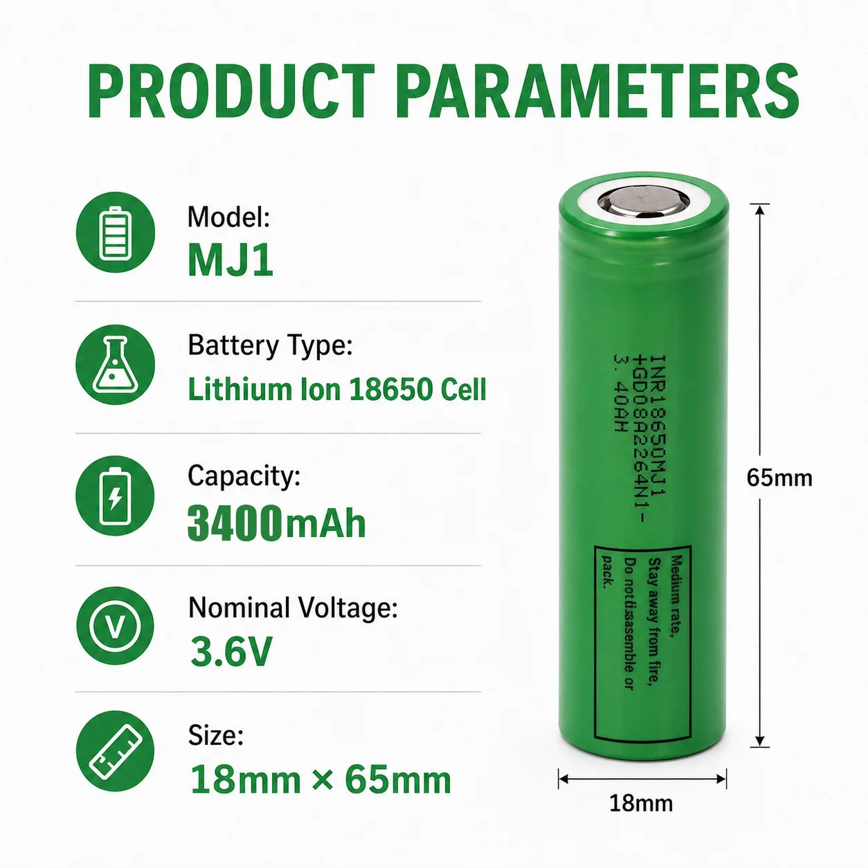 Original MJ1 18650 Deep Cycle Battery Flat Top 3500mAh Lithium Cell 10A 3.7V Rechargeable Battery in Stock 500 Cycles