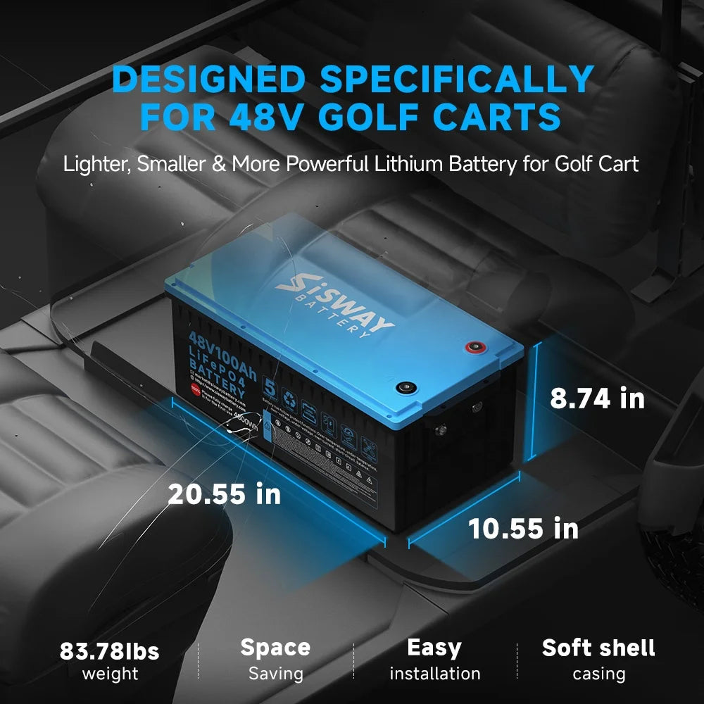 SISWAY 48V 100Ah LiFePO4 Golf Cart Battery with 48V 18A Charger, 4000+ Cycles Built-in Smart 200A BMS Compatible for Golf Cart.
